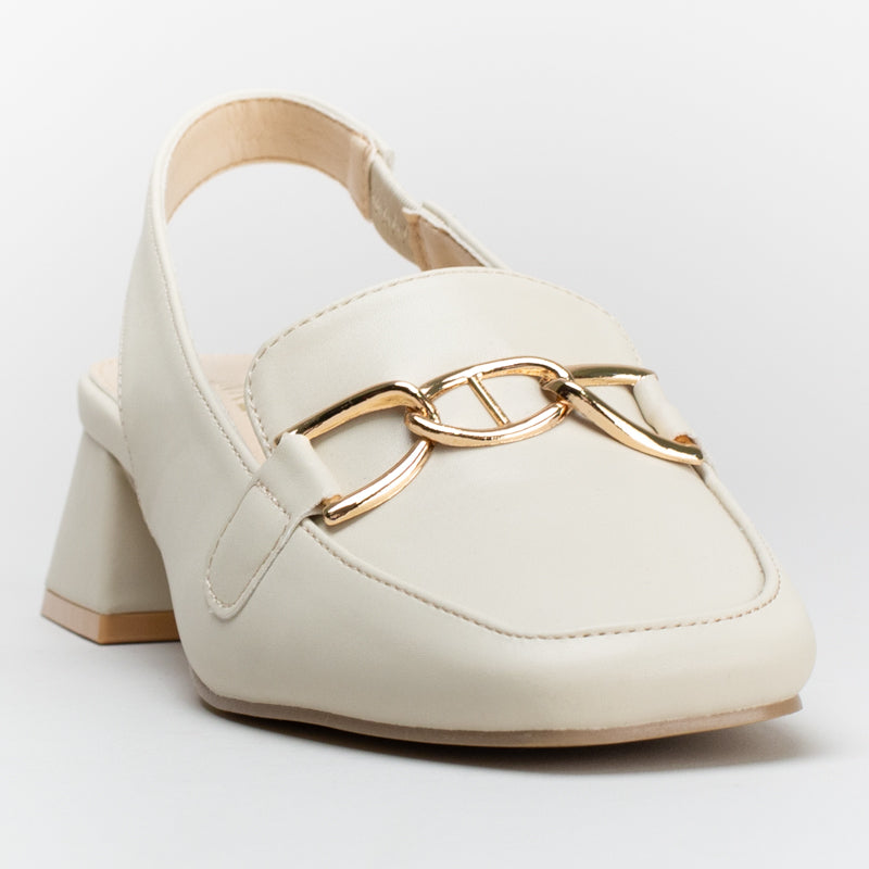 SLING BACK BLOCK HEEL WITH SADDLE TRIM