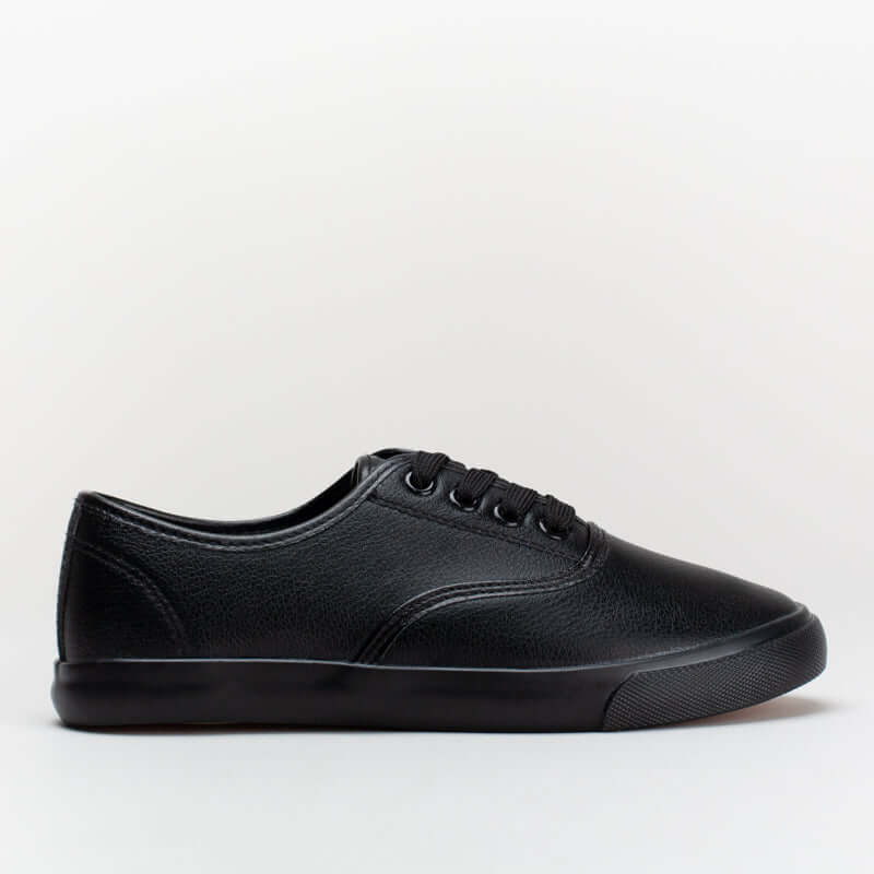 Classic black lace-up PU sneaker with synthetic upper and sporty stripe shoe sock detail.