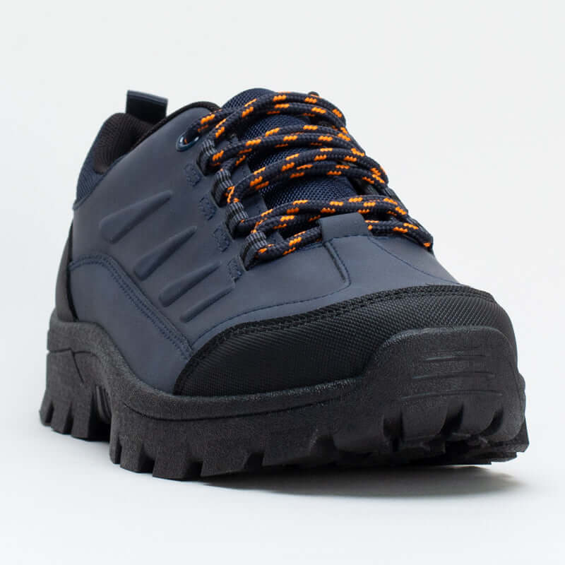 Navy tear drop hiker shoes for men with webbing details and durable lace-up design, perfect for outdoor adventures.