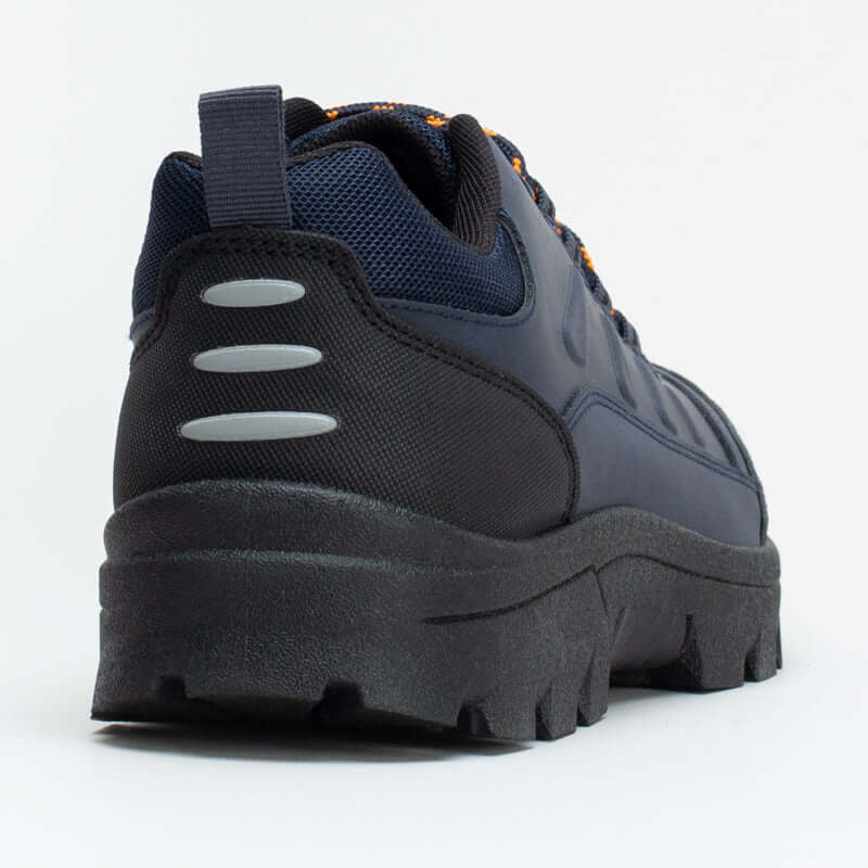 Men's navy tear drop hiker shoes with webbing details and rugged sole for outdoor adventures.