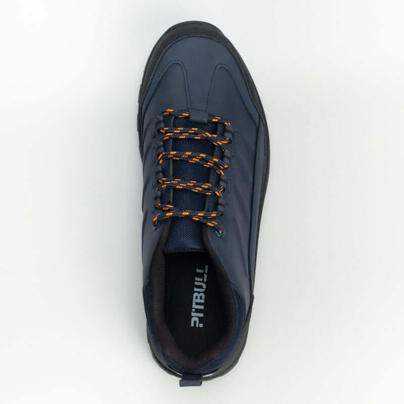 Top view of Navy Pitbull outdoor lace-up hiking shoe with webbing details for men.