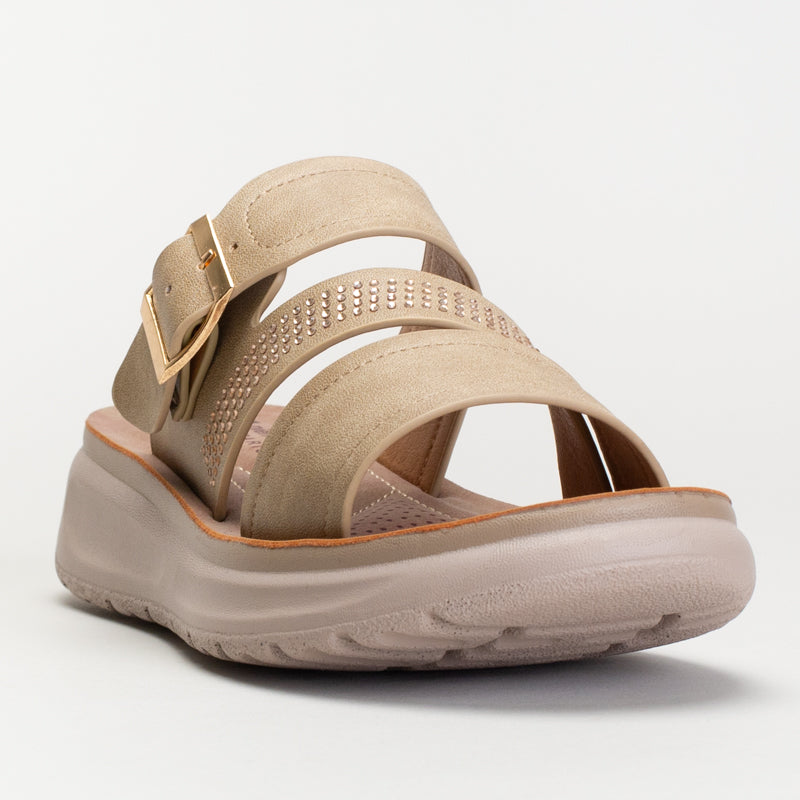 PC Sandal With Side Buckle And Asymmetrical Diamante Strap