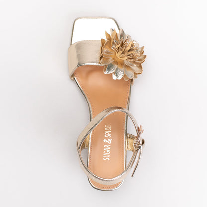 Dress Sandal – Metallic Gold with Floral Embellishment