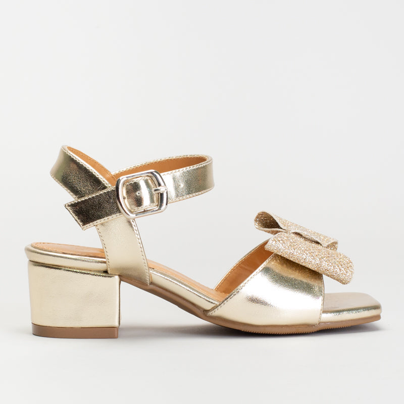 Gold Block Heel Sandals With A Bow Accent _ 165349