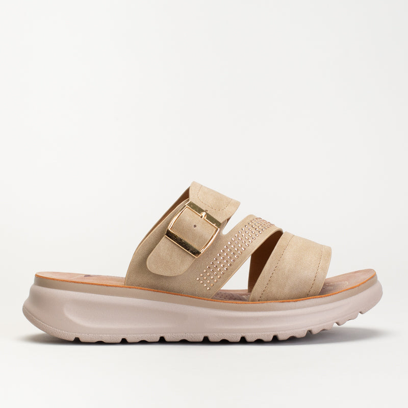 PC Sandal With Side Buckle And Asymmetrical Diamante Strap