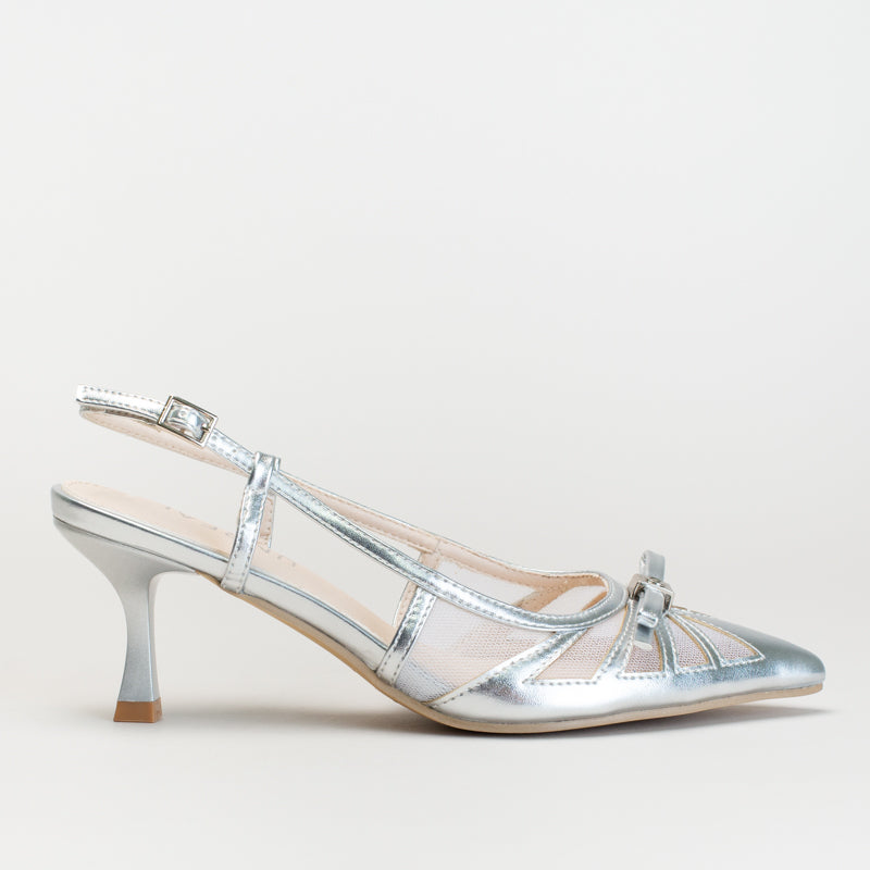 Pointy Slingback with Bow-Silver