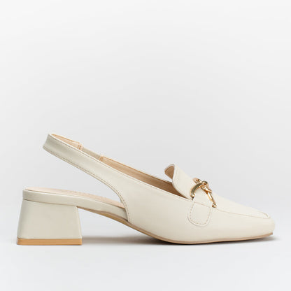 SLING BACK BLOCK HEEL WITH SADDLE TRIM