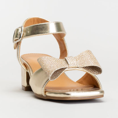 Gold Block Heel Sandals With A Bow Accent _ 165349