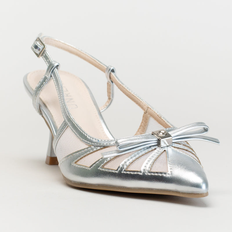 Pointy Slingback with Bow-Silver