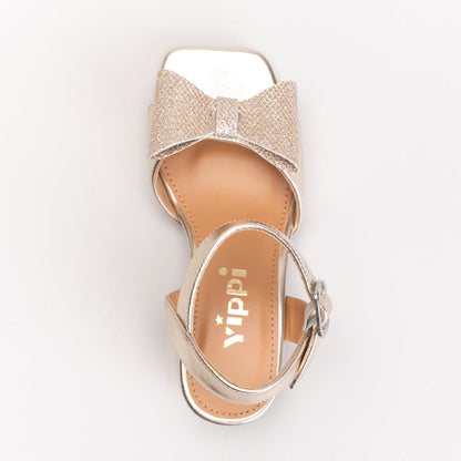 Gold Block Heel Sandals With A Bow Accent _ 165349