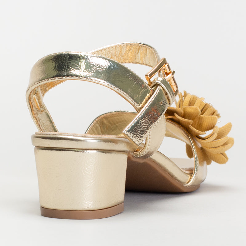 Dress Sandal – Metallic Gold with Floral Embellishment