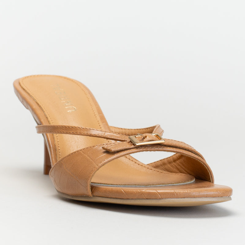 Buckle Strappy Heeled Mule-Tan