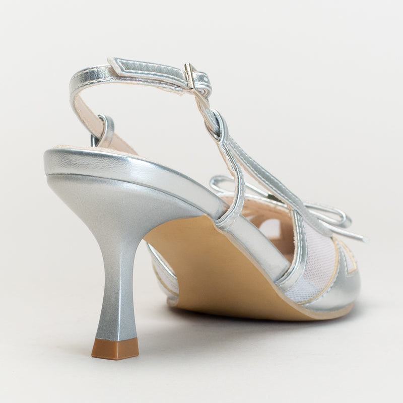 Pointy Slingback with Bow-Silver