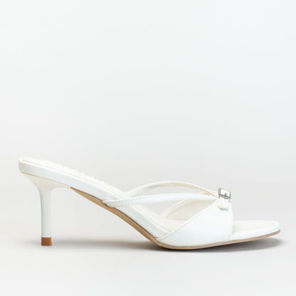 Buckle Strappy Heeled Mule-White