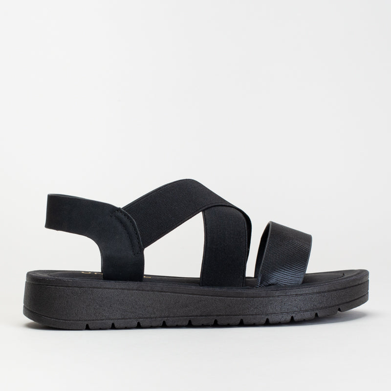 ELASTICATED ASSYMETRICAL SANDAL WITH BACK STRAP