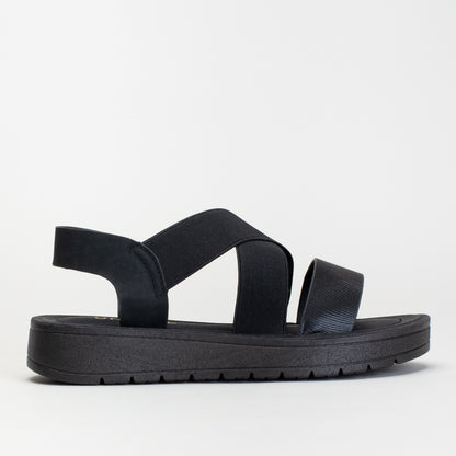 ELASTICATED ASSYMETRICAL SANDAL WITH BACK STRAP