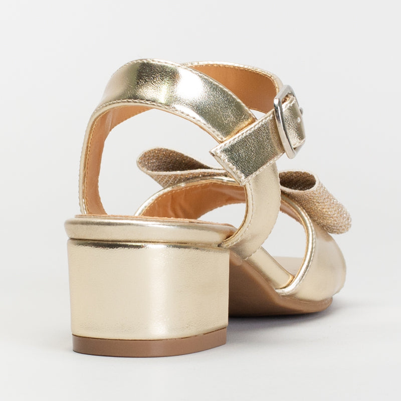 Gold Block Heel Sandals With A Bow Accent _ 165349